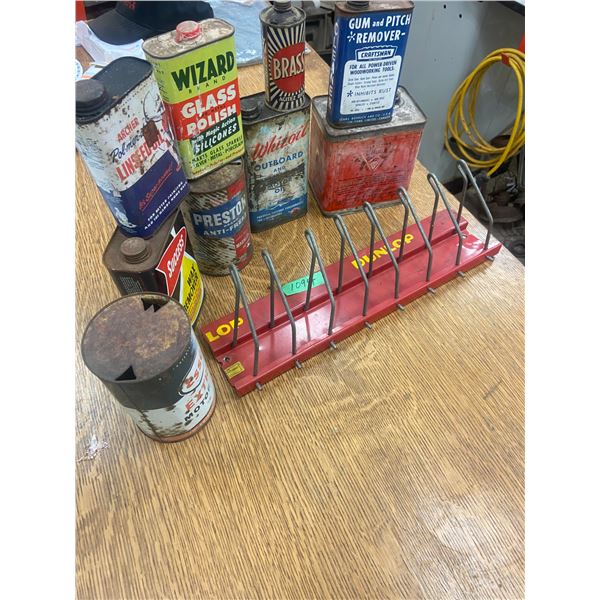 lot of vintage tins and partial Dunlop belt rack