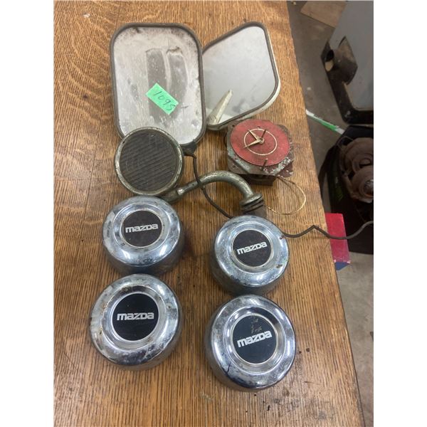 Lot of antique car parts, Mazda hubs, spotlight, 2 mirrors, clock