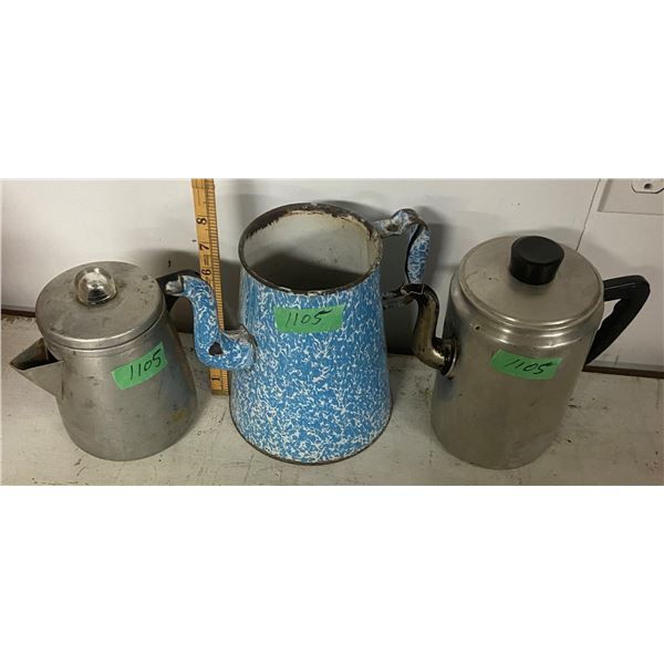 3 Coffee Pots - 1 Enamel Ware 2 Aluminum