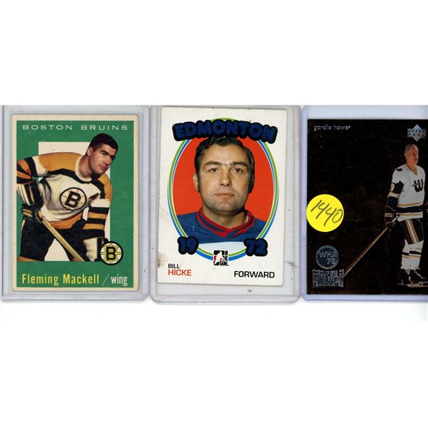 3 hockey cards, one from 50s  includes Gordie Howe, Bill Hicke