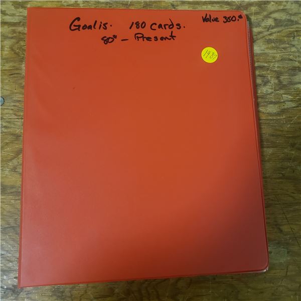 packed binder assorted hockey cards tons of goalies plus serial numbered Joe Sakic card plus rookies
