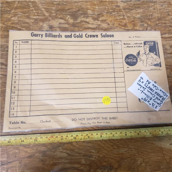 Coca Cola rare Garry Billieards and Gold Crown Saloon 4 player sheets and Coke Ad
