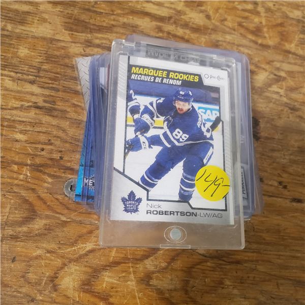 modern hockey card lot includes rookies, most are in top loaders cards upper deck OPC O-Pee-Chee MVP