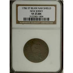 1786 COPPER New Jersey Copper, Narrow Shield VF25 NGC