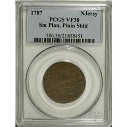 1787 COPPER New Jersey Copper, Small Planchet, Plain Sh