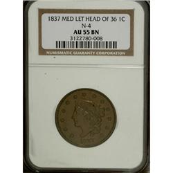 1837 1C Plain Cords, Medium Letters AU55 NGC
