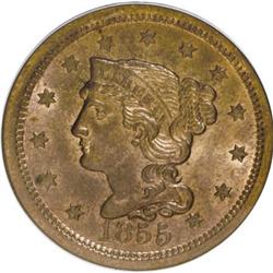1855 1C Upright 5s Red and Brown MS64 PCGS