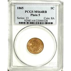 1865 1C Plain 5 Red and Brown MS64 PCGS