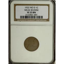 1922 No D 1C Weak Reverse VF25 NGC