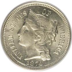 1874 3CN MS64 PCGS