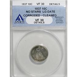 1837 10C No Stars, Large Date VF30 ANACS