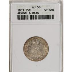 1853 25C Arrows and Rays AU58 ANACS
