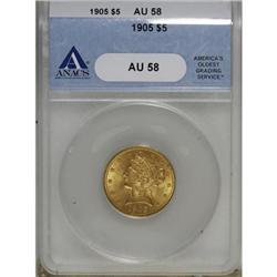 1905 $5 AU58 ANACS