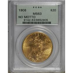 1908 $20 No Motto MS63 PCGS