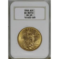 1908 $20 No Motto MS63 NGC
