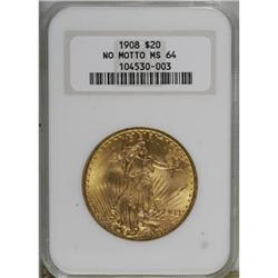 1908 $20 No Motto MS64 NGC