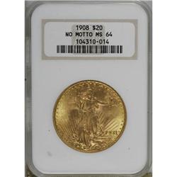 1908 $20 No Motto MS64 NGC