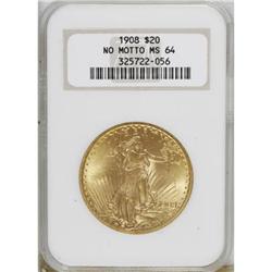 1908 $20 No Motto MS64 NGC