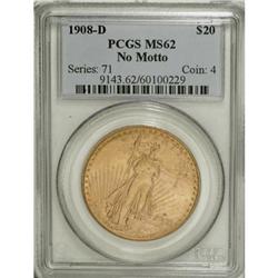 1908-D $20 No Motto MS62 PCGS