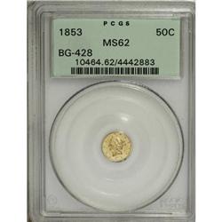 1853 50C Liberty Round 50 Cents, BG-428, R.3, MS62 PCG