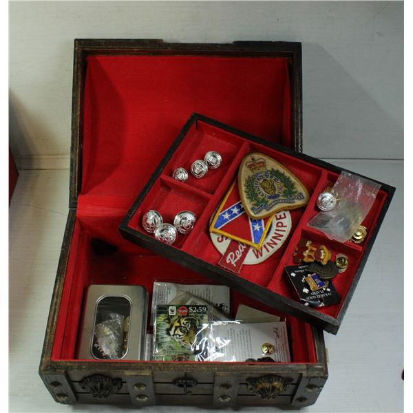 VTG WOODEN BOX W/ EDMONTON POLICE BUTTONS, PATCHES