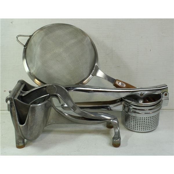 ANTIQUE JUICER, POTATO MASHER AND SIFTER