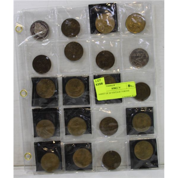 SHEET OF 20 VINTAGE TOKENS