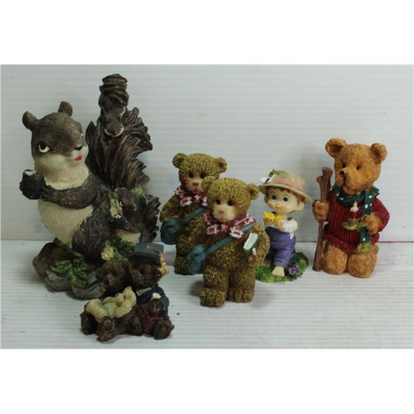 6 FIGURINES- CUTE SQUIRREL, 4 BEARS AND A BOY WITH