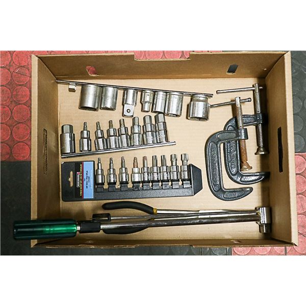 BOX WITH SOCKETS, TOURQUE WRENCH & MORE