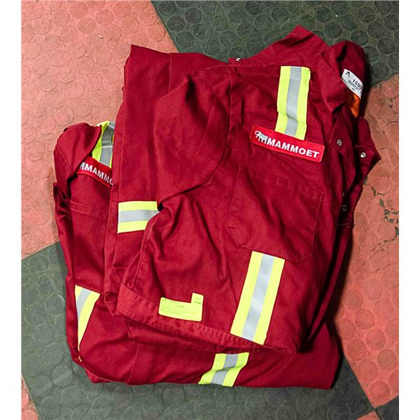 2 PAIR RED COVERALLS S:48 W/ REFLECTOR STRIPS