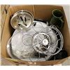 Image 1 : BOX OF KITCHENWARE - PIE PLATES, GLASS CENTERPIECE