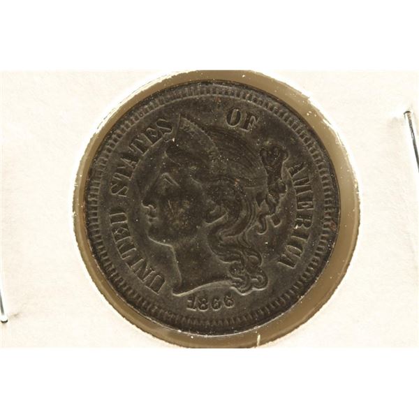 1866 THREE CENT PIECE (NICKEL) AU TONED