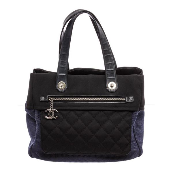 Chanel Black Blue Nylon Rue Cambon Large Shopping Tote Bag