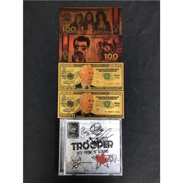 MUSIC MEMORABILIA LOT ( BAND SIGNED TROOPER CD, QUEEN BANK NOTES)