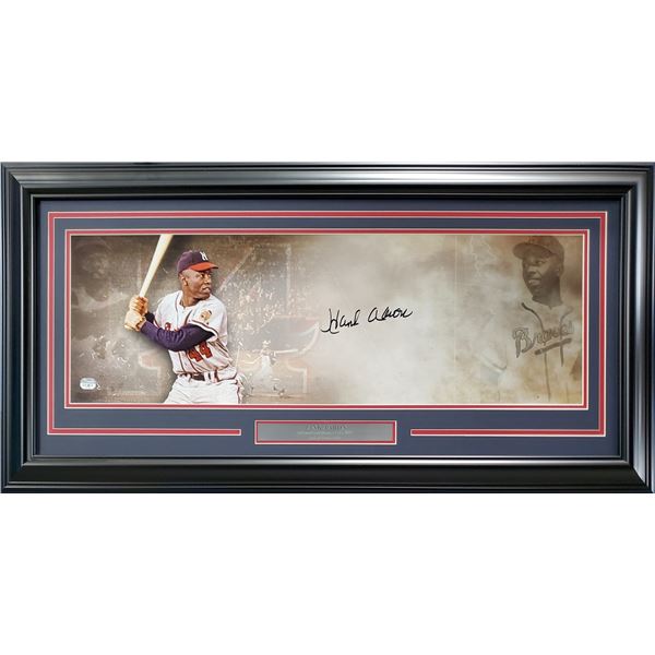 HANK AARON SIGNED FRAMED 10x30 PANORAMIC PHOTO MILWAUKEE BRAVES (FANATICS COA)