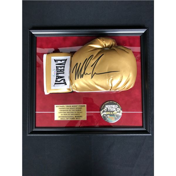 MKE TYSON SIGNED GOLD EVERLAST GLOVE DISPLAY (JSA COA)