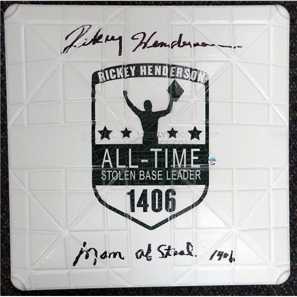 RICKEY HENDERSON SIGNED COMMEMORATIVE BASE "MAN OF STEAL 1406" (STEINER HOLO)