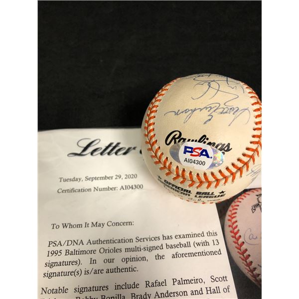 1995 BALTIMORE ORIOLES (13) MULTI-SIGNED BASEBALL (RIPKEN JR/BAINES/PALMEIRO/BONILLA) PSA/DNA LOA