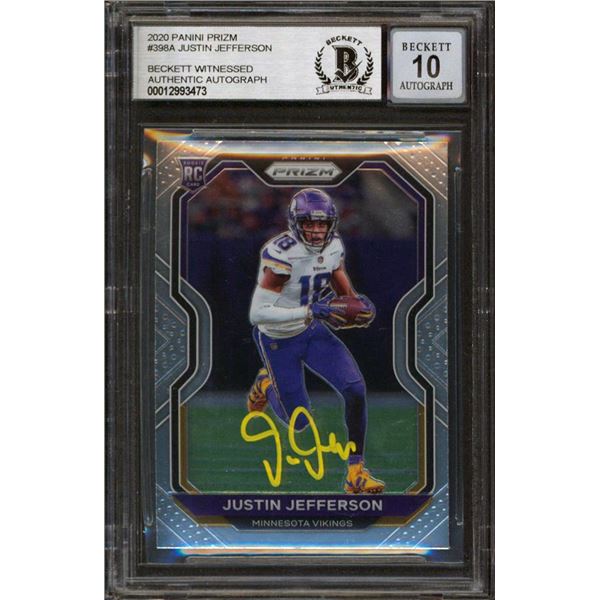 JUSTIN JEFFERSON SIGNED 2020 PANINI PRIZM RC w/YELLOW SIGNATURE (BAS SLAB)