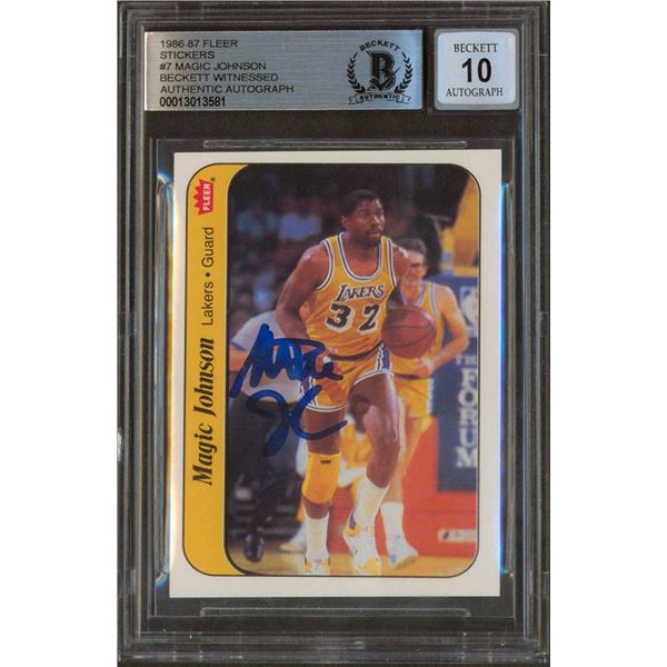 MAGIC JOHNSON SIGNED 1986 FLEER STICKERS #7 CARD AUTO 10 (BAS SLAB)