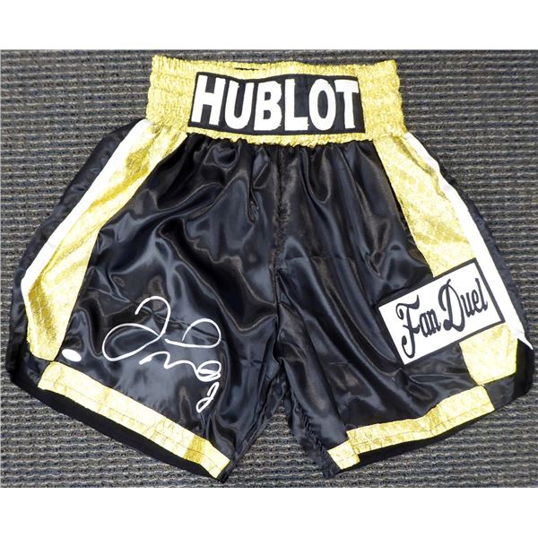 FLOYD MAYWEATHER JR. SIGNED BLACK BOXING TRUNKS (JSA COA)