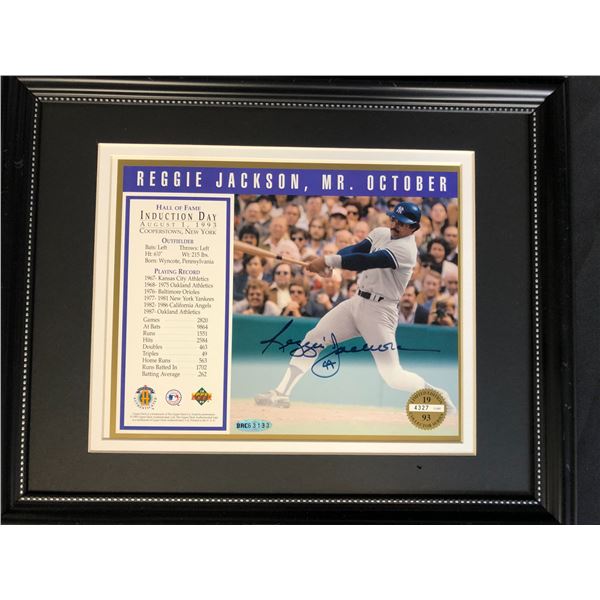 REGGIE JACKSON SIGNED AND FRAMED LMITED EDITION HALL OF FAME DISPLAY (UD COA)