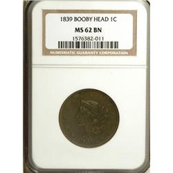 1839 1C Booby Head MS62 Brown NGC