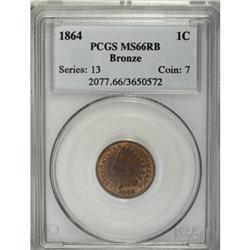 1864 1C Bronze No L MS66 Red and Brown PCGS