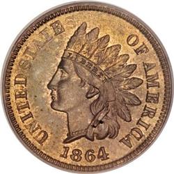 1864 1C L On Ribbon MS64 Red and Brown PCGS