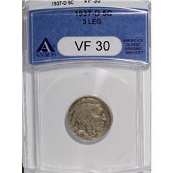 1937-D 5C Three-Legged VF30 ANACS