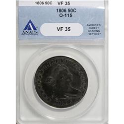 1806 50C Pointed 6, Stem VF35 ANACS O-115