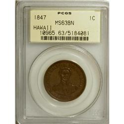 1847 1C Hawaii Cent MS63 Brown PCGS