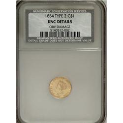 1854 G$1 Type Two--Obverse Damage--NCS. Unc.