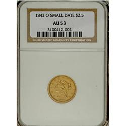 1843-O $2 1/2 Small Date, Crosslet 4 AU53 NGC